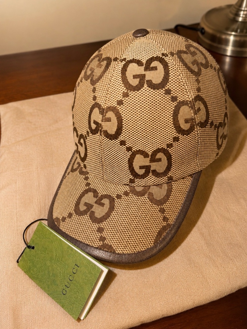 Gucci Jumbo GG Canvas Baseball Cap Hat Camel Ebony Leather Trim Authentic - Picture 1 of 3
